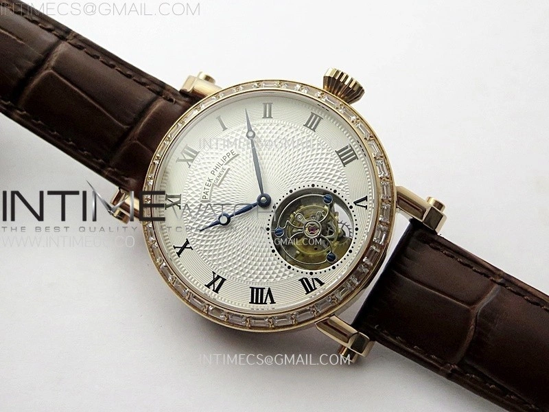 Classic Tourbillon RG Diamonds Bezel AXF White Textured Dial On Black Leather Strap EQ5210