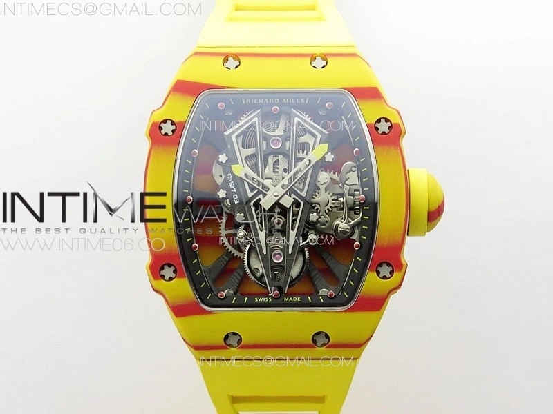 RM027-03 Real Tourbillon RMF Best Edition Orange Red Carbon Skeleton Dial on Yellow Rubber Strap