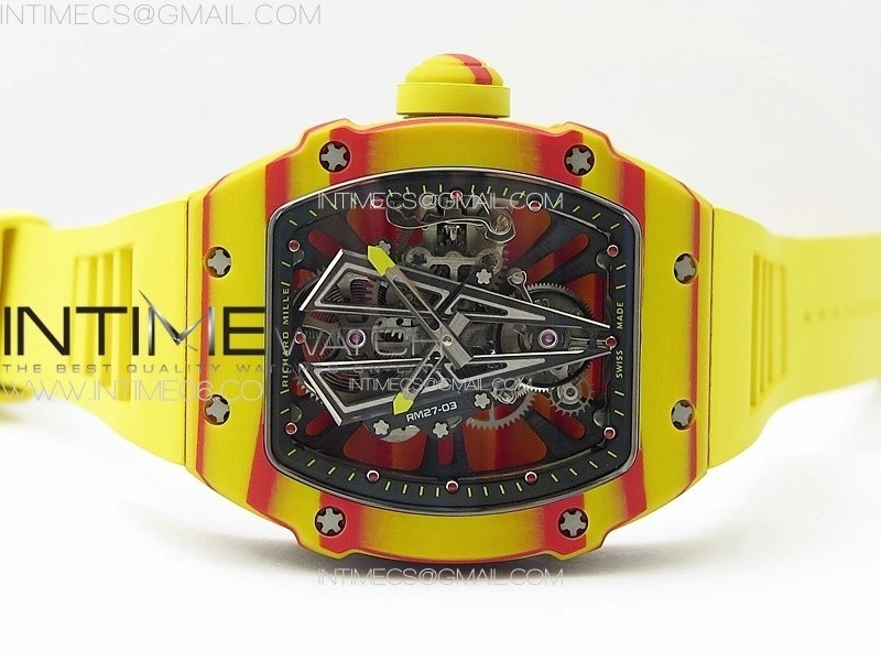 RM027-03 Real Tourbillon RMF Best Edition Orange Red Carbon Skeleton Dial on Yellow Rubber Strap