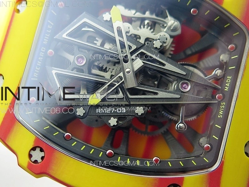 RM027-03 Real Tourbillon RMF Best Edition Orange Red Carbon Skeleton Dial on Yellow Rubber Strap