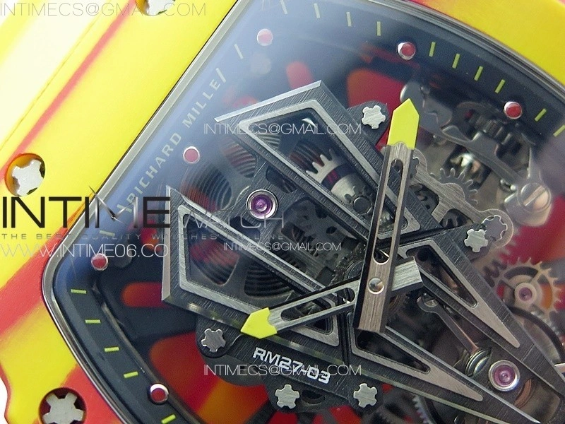 RM027-03 Real Tourbillon RMF Best Edition Orange Red Carbon Skeleton Dial on Yellow Rubber Strap