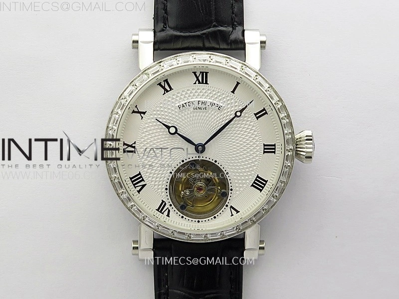 Classic Tourbillon SS Diamonds Bezel AXF White Textured Dial On Black Leather Strap EQ5210
