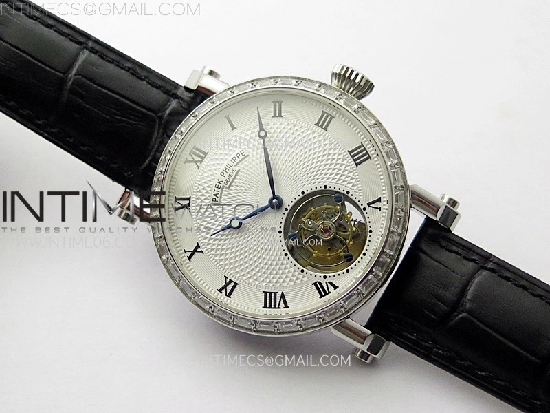 Classic Tourbillon SS Diamonds Bezel AXF White Textured Dial On Black Leather Strap EQ5210