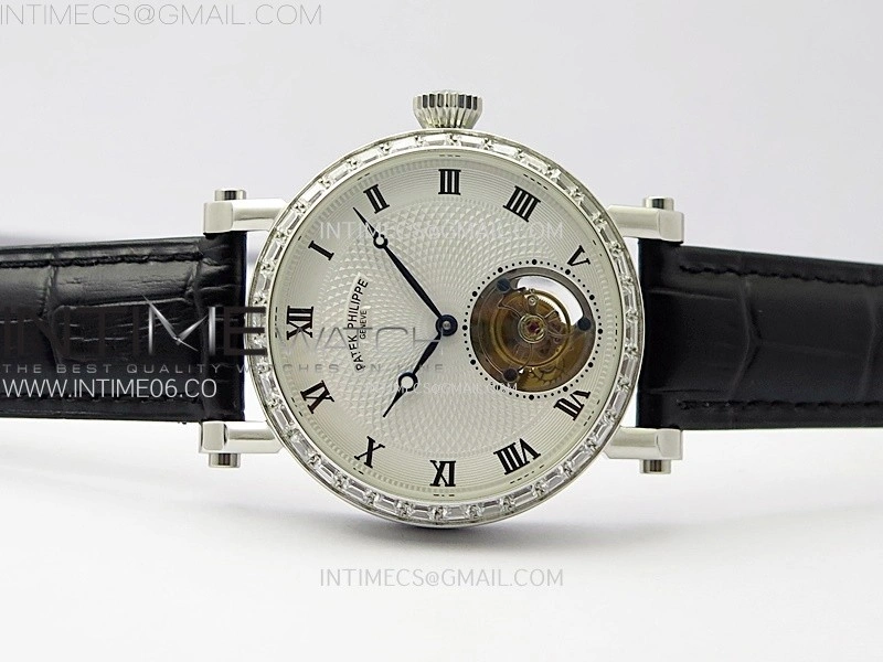 Classic Tourbillon SS Diamonds Bezel AXF White Textured Dial On Black Leather Strap EQ5210