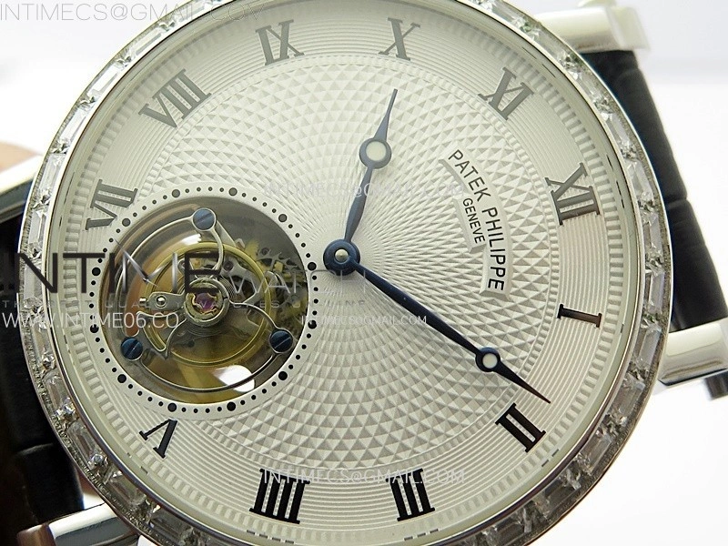 Classic Tourbillon SS Diamonds Bezel AXF White Textured Dial On Black Leather Strap EQ5210