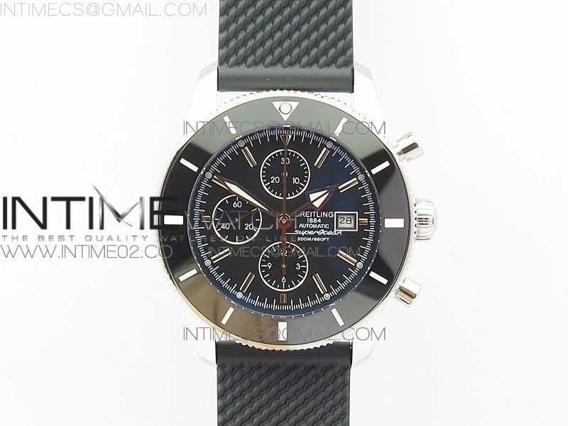 Super Ocean Heritage Brown Ceramic Bezel SS Black Dial on Black Rubber Strap A7750