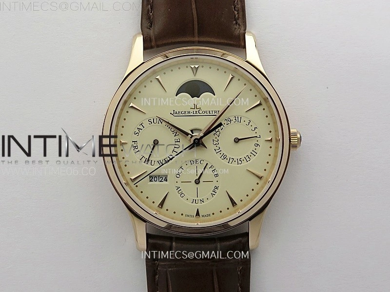 Master Ultra Thin Perpetual Calendar RG J Factory Best Edition Cream Dial on Brown Leather Strap A868
