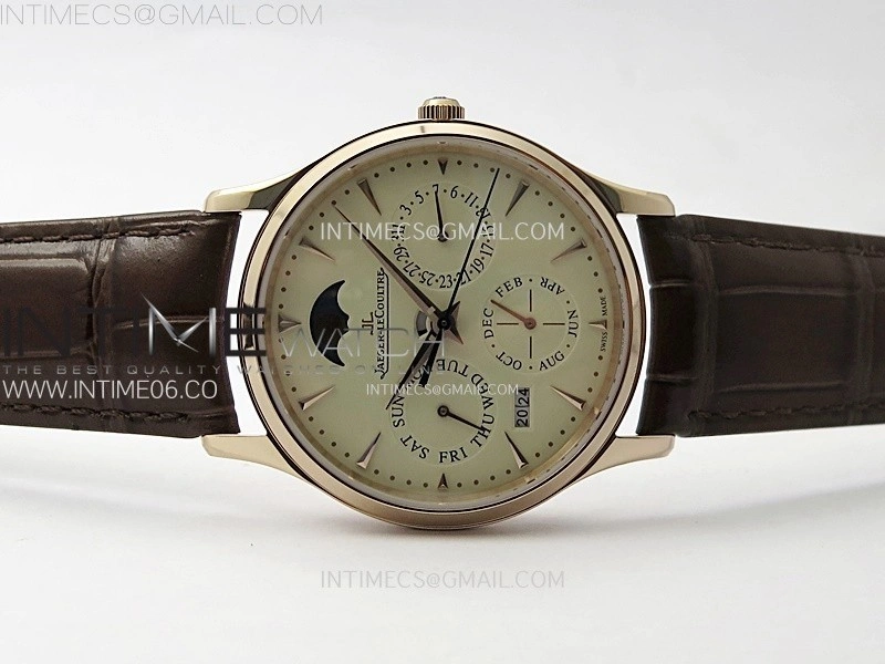 Master Ultra Thin Perpetual Calendar RG J Factory Best Edition Cream Dial on Brown Leather Strap A868