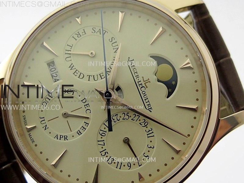 Master Ultra Thin Perpetual Calendar RG J Factory Best Edition Cream Dial on Brown Leather Strap A868