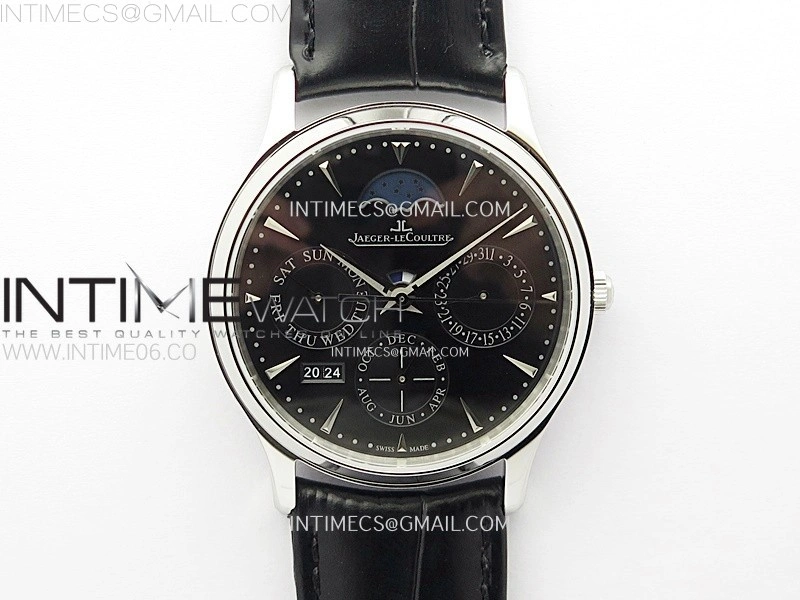 Master Ultra Thin Perpetual Calendar SS J Factory Best Edition Black Dial on Black Leather Strap A868
