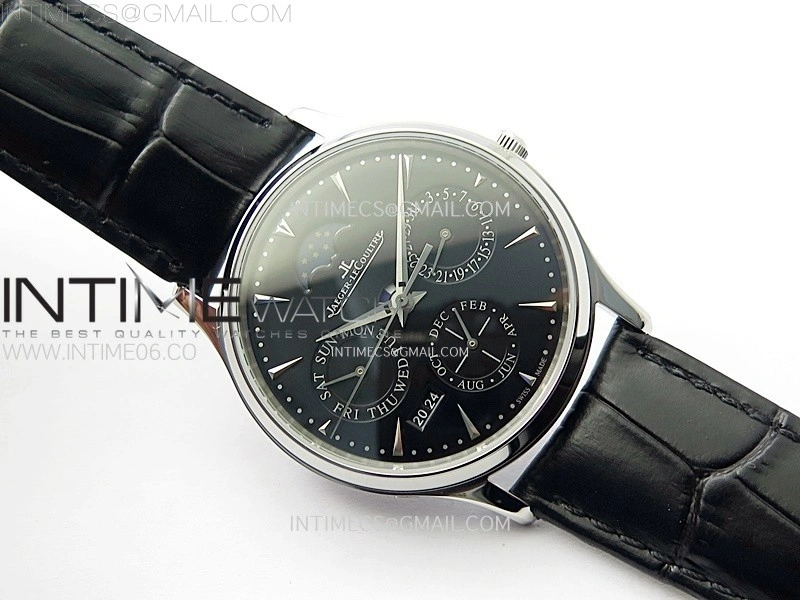 Master Ultra Thin Perpetual Calendar SS J Factory Best Edition Black Dial on Black Leather Strap A868