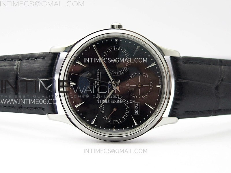 Master Ultra Thin Perpetual Calendar SS J Factory Best Edition Black Dial on Black Leather Strap A868