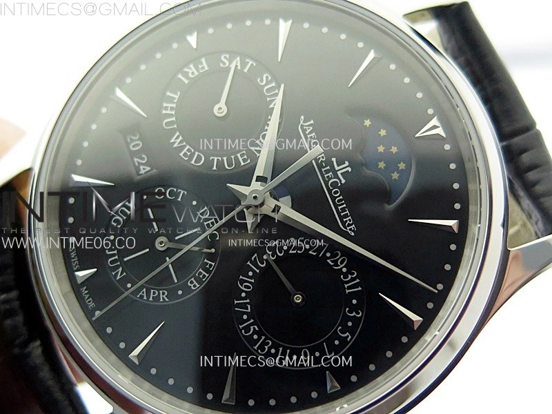 Master Ultra Thin Perpetual Calendar SS J Factory Best Edition Black Dial on Black Leather Strap A868