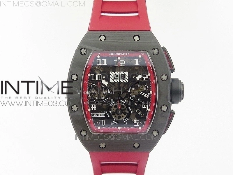 RM011 Carbon Case Chronograph KVF 1:1 Best Edition Carbon Case Bezel Skeleton Dial on Red Rubber Strap A7750