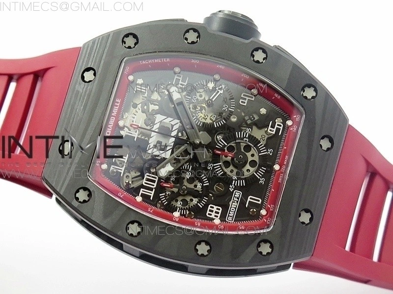 RM011 Carbon Case Chronograph KVF 1:1 Best Edition Carbon Case Bezel Skeleton Dial on Red Rubber Strap A7750