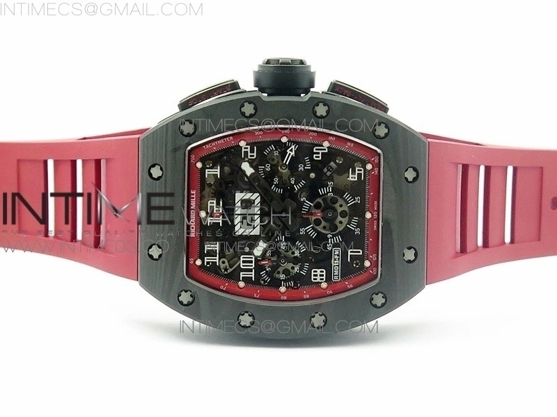 RM011 Carbon Case Chronograph KVF 1:1 Best Edition Carbon Case Bezel Skeleton Dial on Red Rubber Strap A7750
