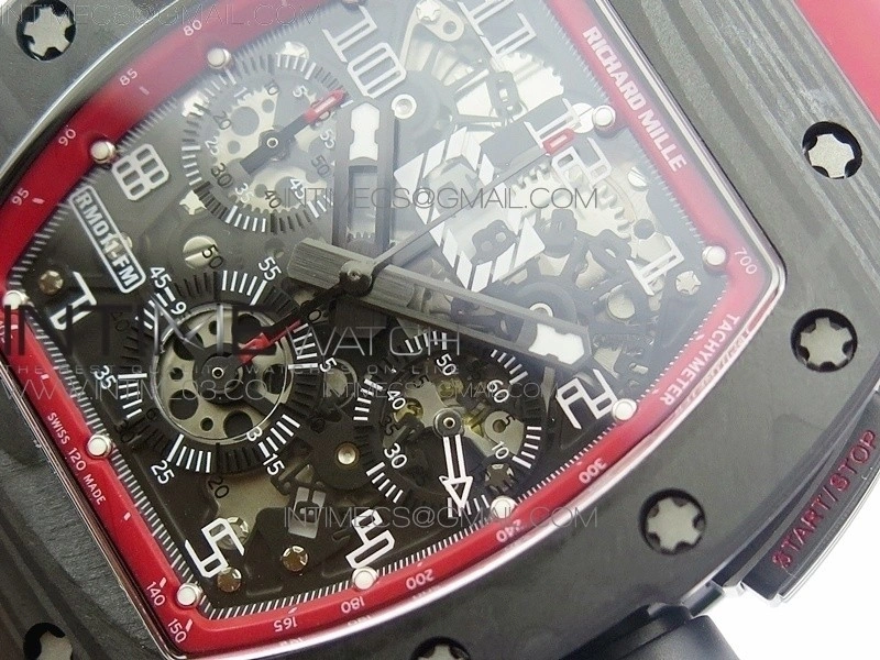 RM011 Carbon Case Chronograph KVF 1:1 Best Edition Carbon Case Bezel Skeleton Dial on Red Rubber Strap A7750