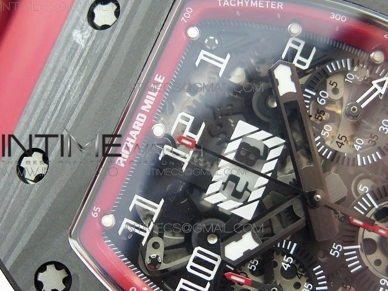 RM011 Carbon Case Chronograph KVF 1:1 Best Edition Carbon Case Bezel Skeleton Dial on Red Rubber Strap A7750