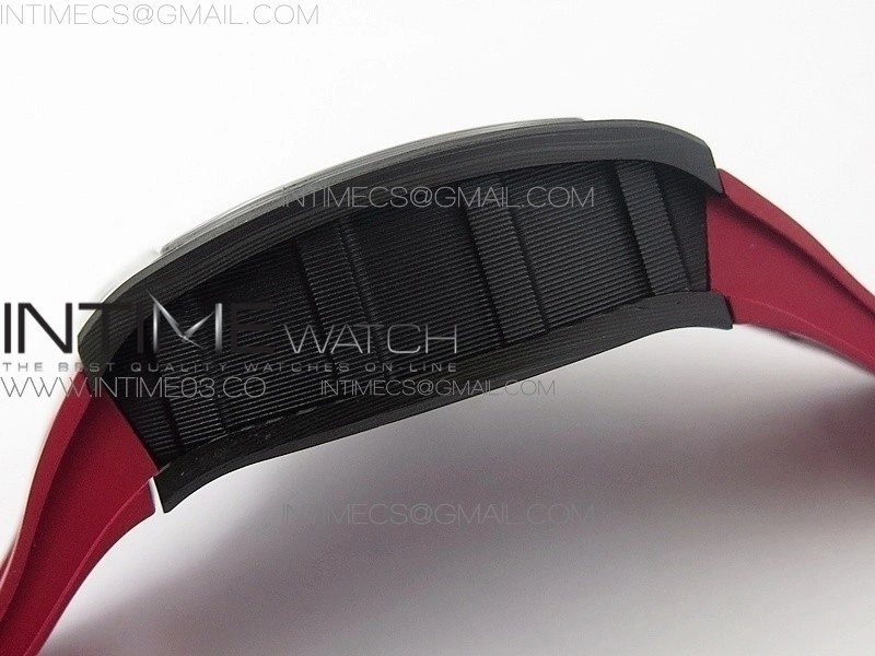 RM011 Carbon Case Chronograph KVF 1:1 Best Edition Carbon Case Bezel Skeleton Dial on Red Rubber Strap A7750