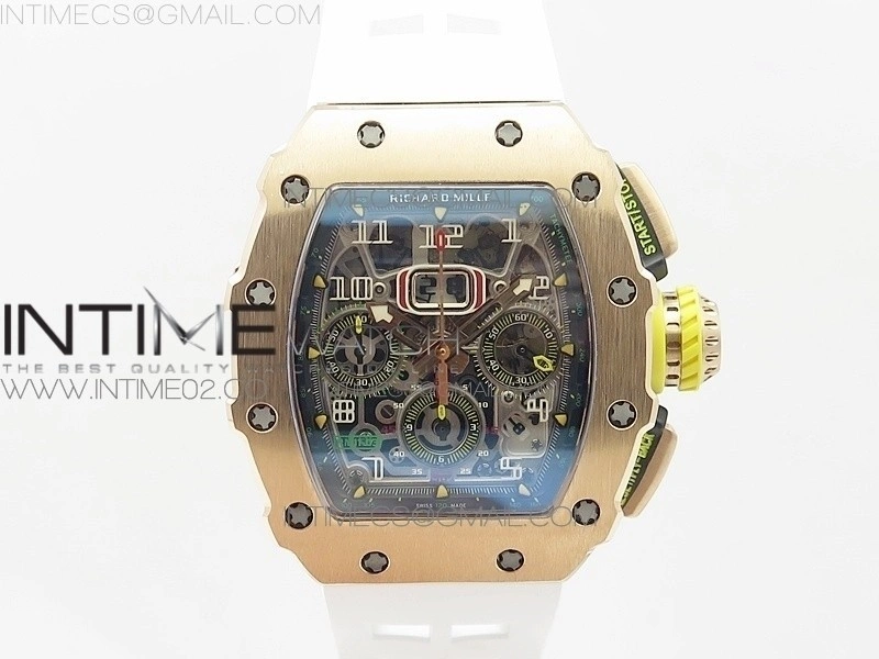 RM011 RG Chronograph RG Case KVF 1:1 Best Edition Crystal Skeleton Dial on White Rubber Strap A7750