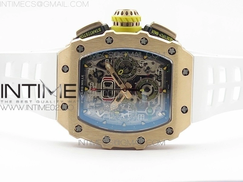 RM011 RG Chronograph RG Case KVF 1:1 Best Edition Crystal Skeleton Dial on White Rubber Strap A7750