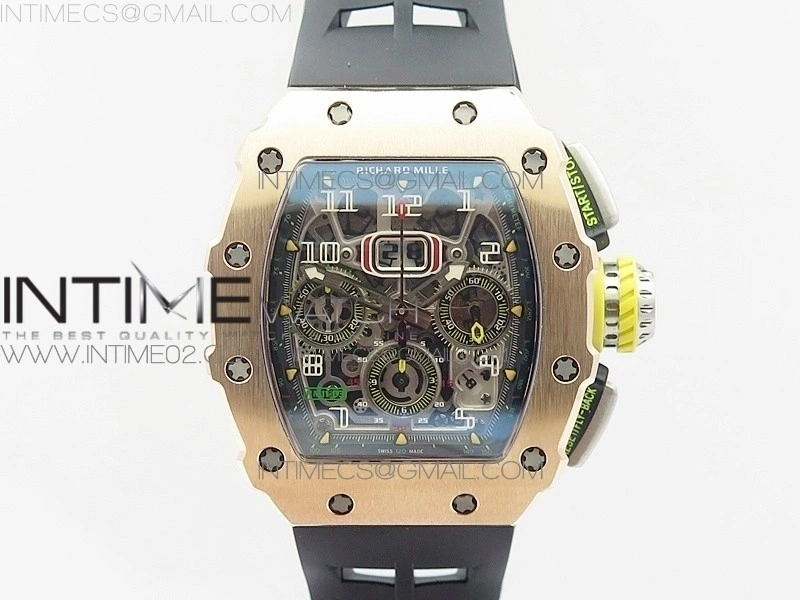 RM011 RG Chronograph SS Case KVF 1:1 Best Edition Crystal Skeleton Dial on Black Rubber Strap A7750