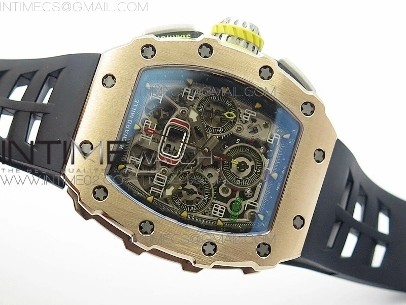 RM011 RG Chronograph SS Case KVF 1:1 Best Edition Crystal Skeleton Dial on Black Rubber Strap A7750
