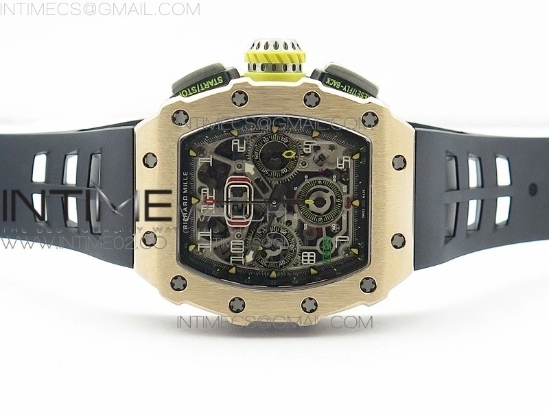 RM011 RG Chronograph SS Case KVF 1:1 Best Edition Crystal Skeleton Dial on Black Rubber Strap A7750