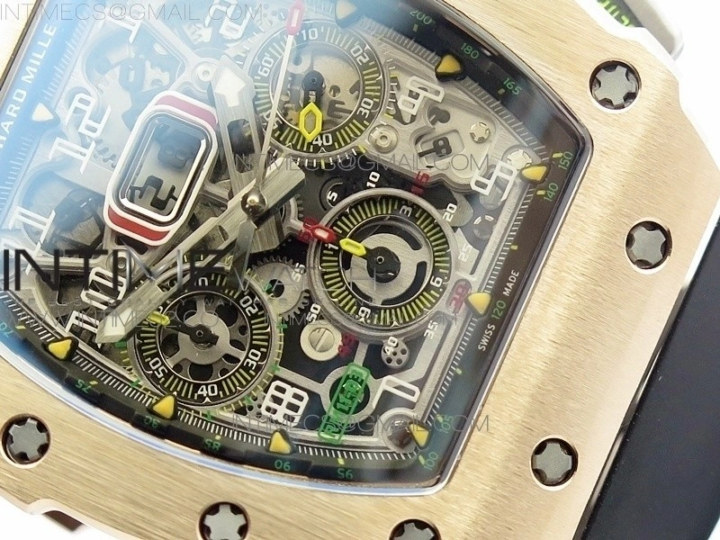RM011 RG Chronograph SS Case KVF 1:1 Best Edition Crystal Skeleton Dial on Black Rubber Strap A7750