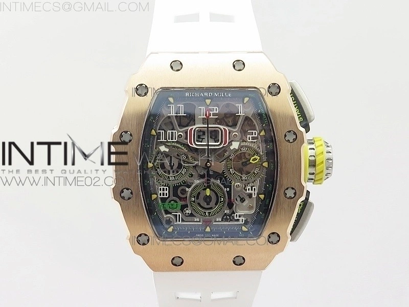 RM011 RG Chronograph SS Case KVF 1:1 Best Edition Crystal Skeleton Dial on White Rubber Strap A7750
