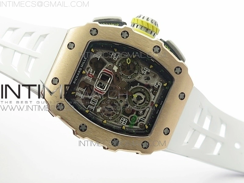 RM011 RG Chronograph SS Case KVF 1:1 Best Edition Crystal Skeleton Dial on White Rubber Strap A7750