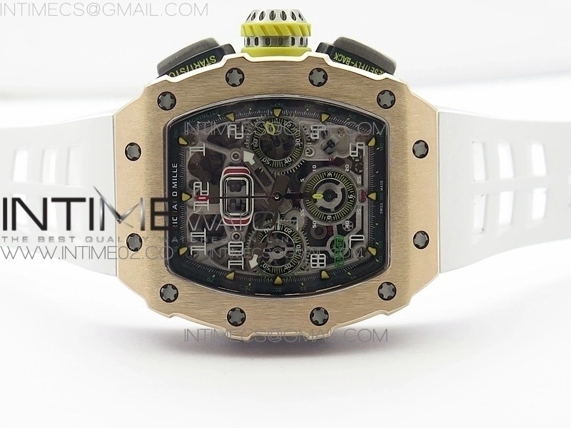 RM011 RG Chronograph SS Case KVF 1:1 Best Edition Crystal Skeleton Dial on White Rubber Strap A7750
