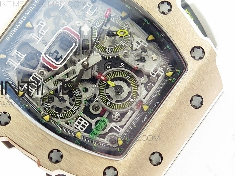 RM011 RG Chronograph SS Case KVF 1:1 Best Edition Crystal Skeleton Dial on White Rubber Strap A7750