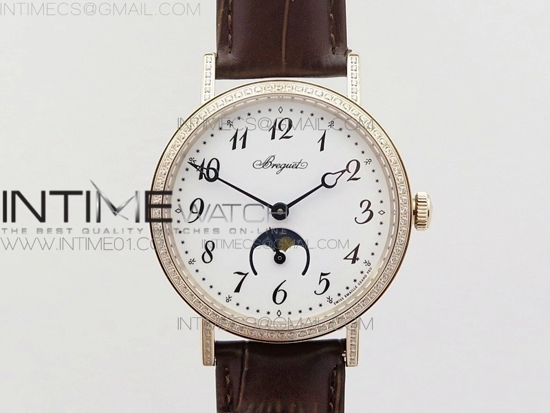 BG 9087BB Moon phase RG 1:1 Best Edition White Dial Diamond Bezel on Brown Leather Strap Cal.770