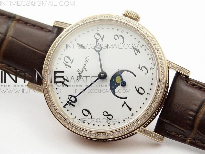 BG 9087BB Moon phase RG 1:1 Best Edition White Dial Diamond Bezel on Brown Leather Strap Cal.770
