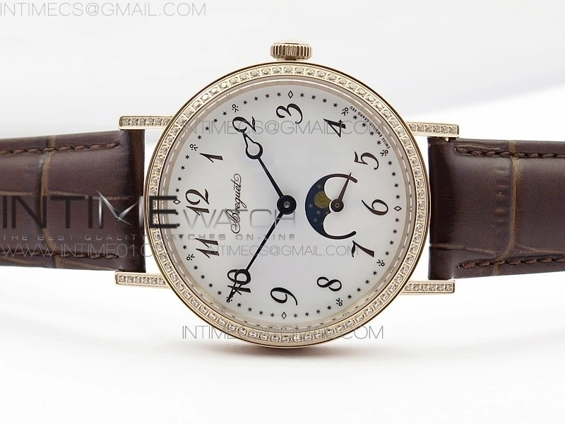 BG 9087BB Moon phase RG 1:1 Best Edition White Dial Diamond Bezel on Brown Leather Strap Cal.770