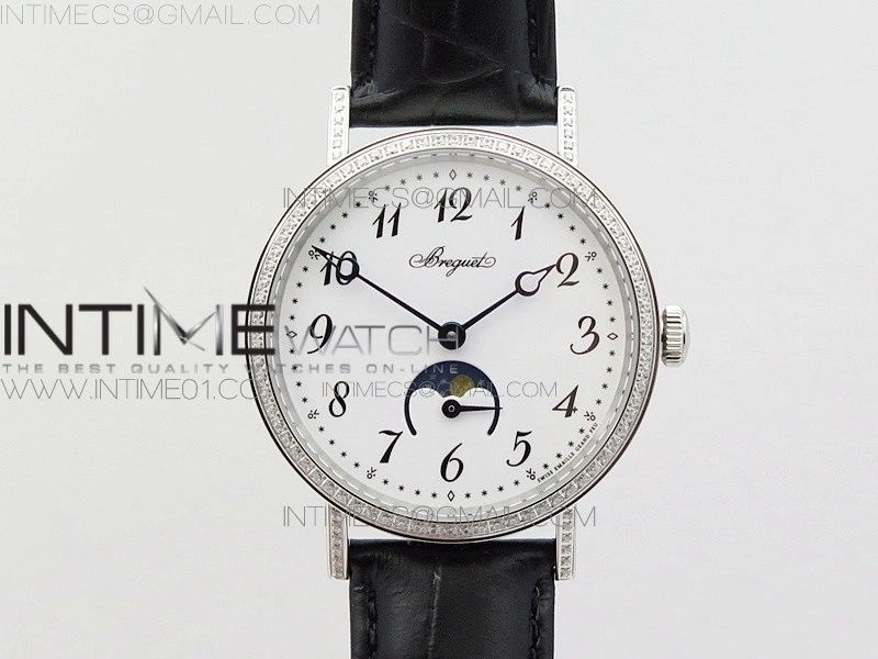 BG 9087BB Moonphase SS 1:1 Best Edition White Dial Diamond Bezel on Black Leather Strap Cal.770