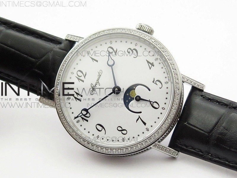 BG 9087BB Moonphase SS 1:1 Best Edition White Dial Diamond Bezel on Black Leather Strap Cal.770