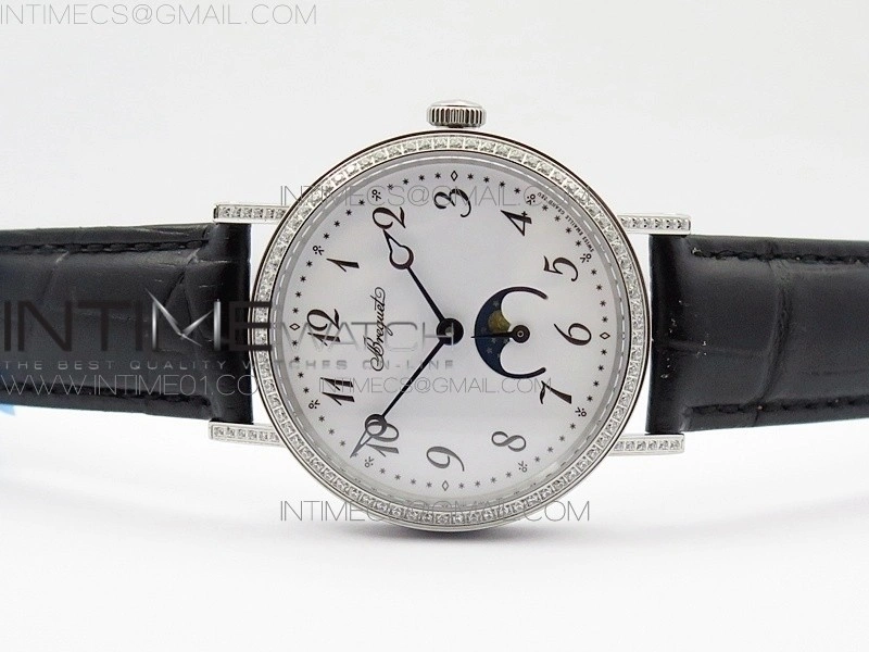 BG 9087BB Moonphase SS 1:1 Best Edition White Dial Diamond Bezel on Black Leather Strap Cal.770