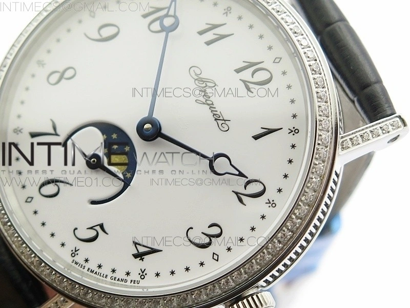 BG 9087BB Moonphase SS 1:1 Best Edition White Dial Diamond Bezel on Black Leather Strap Cal.770