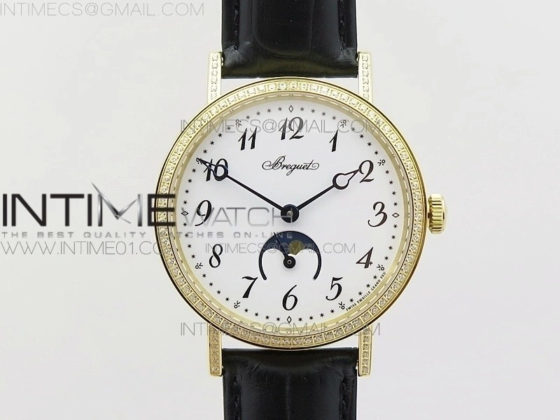 BG 9087BB Moonphase YG 1:1 Best Edition White Dial Diamond Bezel on Black Leather Strap Cal.770