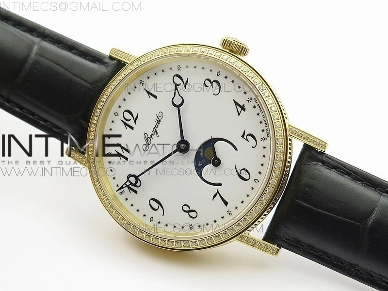BG 9087BB Moonphase YG 1:1 Best Edition White Dial Diamond Bezel on Black Leather Strap Cal.770