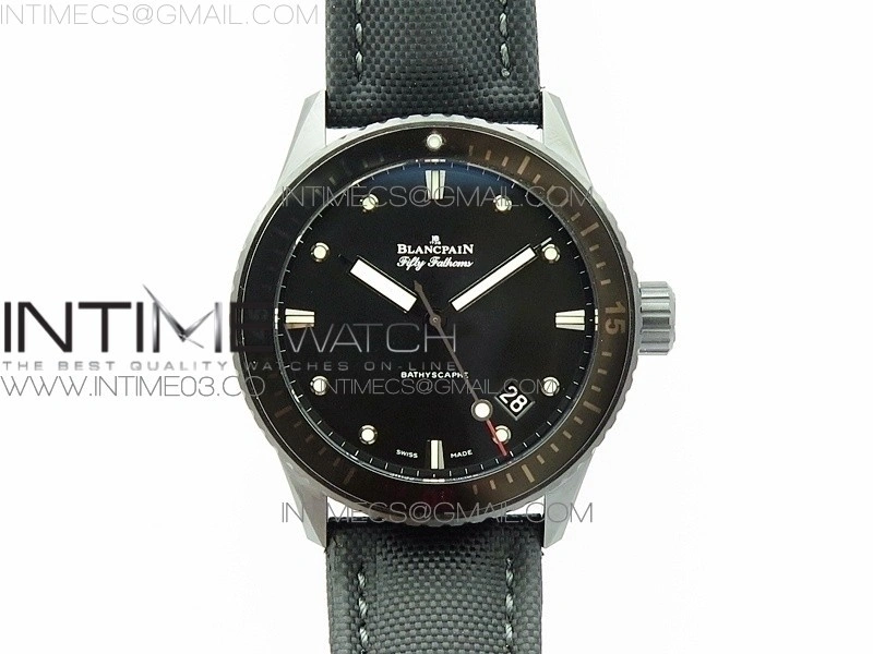 Fifty Fathoms Bathyscaphe Black Ceramic GF 1:1 Best Edition Black Dial on Black Sail-Canvas Strap A1315