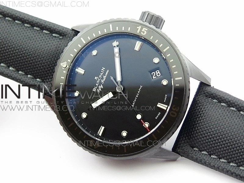Fifty Fathoms Bathyscaphe Black Ceramic GF 1:1 Best Edition Black Dial on Black Sail-Canvas Strap A1315
