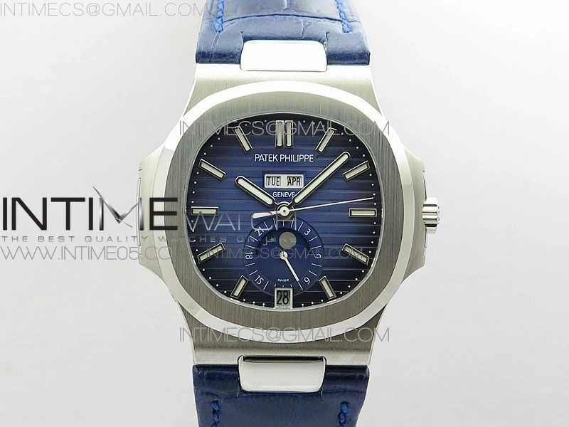 Nautilus 5726 Complicated SS GRF 1:1 Best Edition Blue Textured Dial on Blue Leather Strap A324 V3