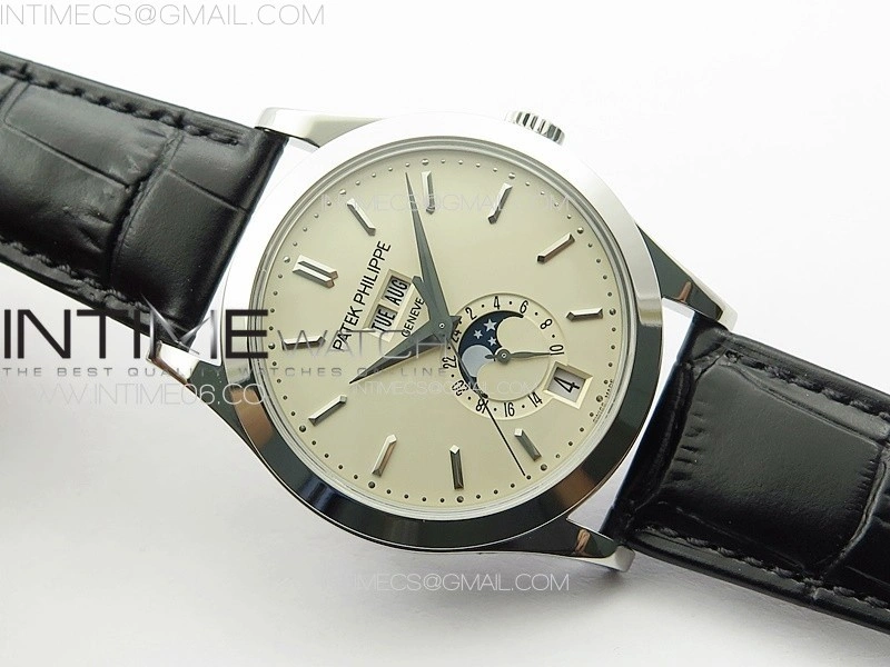 Annual Calendar Moonphase 5396 SS PPF 1:1 Best Edition Cream Dial on Black Leather Strap PPF324