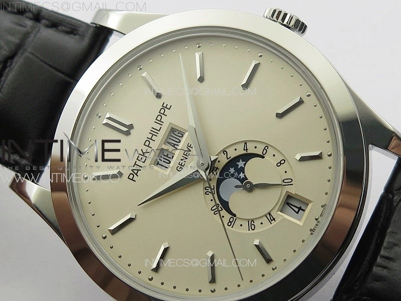 Annual Calendar Moonphase 5396 SS PPF 1:1 Best Edition Cream Dial on Black Leather Strap PPF324