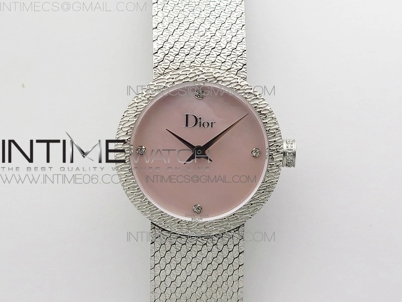 La D de dior Satine SS Case 8848F 1:1 Best Edition MOP Pink Dial on SS bracelet Swiss Quartz