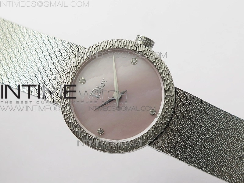 La D de dior Satine SS Case 8848F 1:1 Best Edition MOP Pink Dial on SS bracelet Swiss Quartz