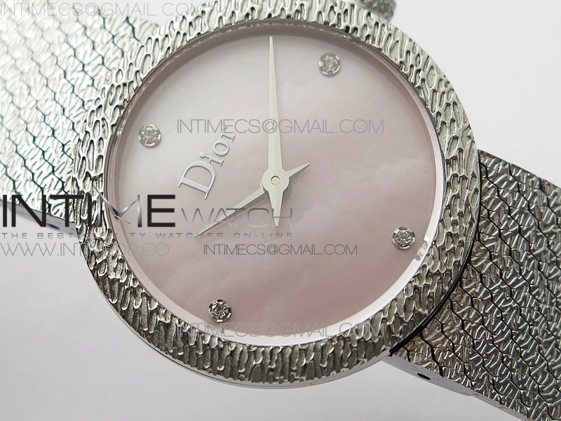 La D de dior Satine SS Case 8848F 1:1 Best Edition MOP Pink Dial on SS bracelet Swiss Quartz